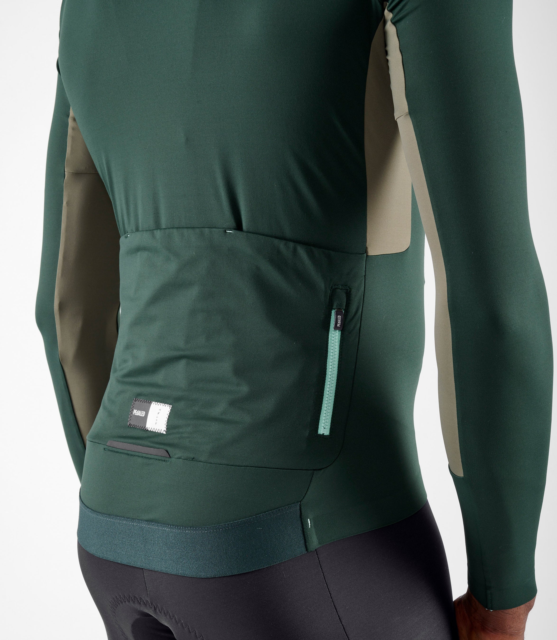 24WJSEL11PE_8_men cycling jersey long sleeve green element side pocket pedaled
