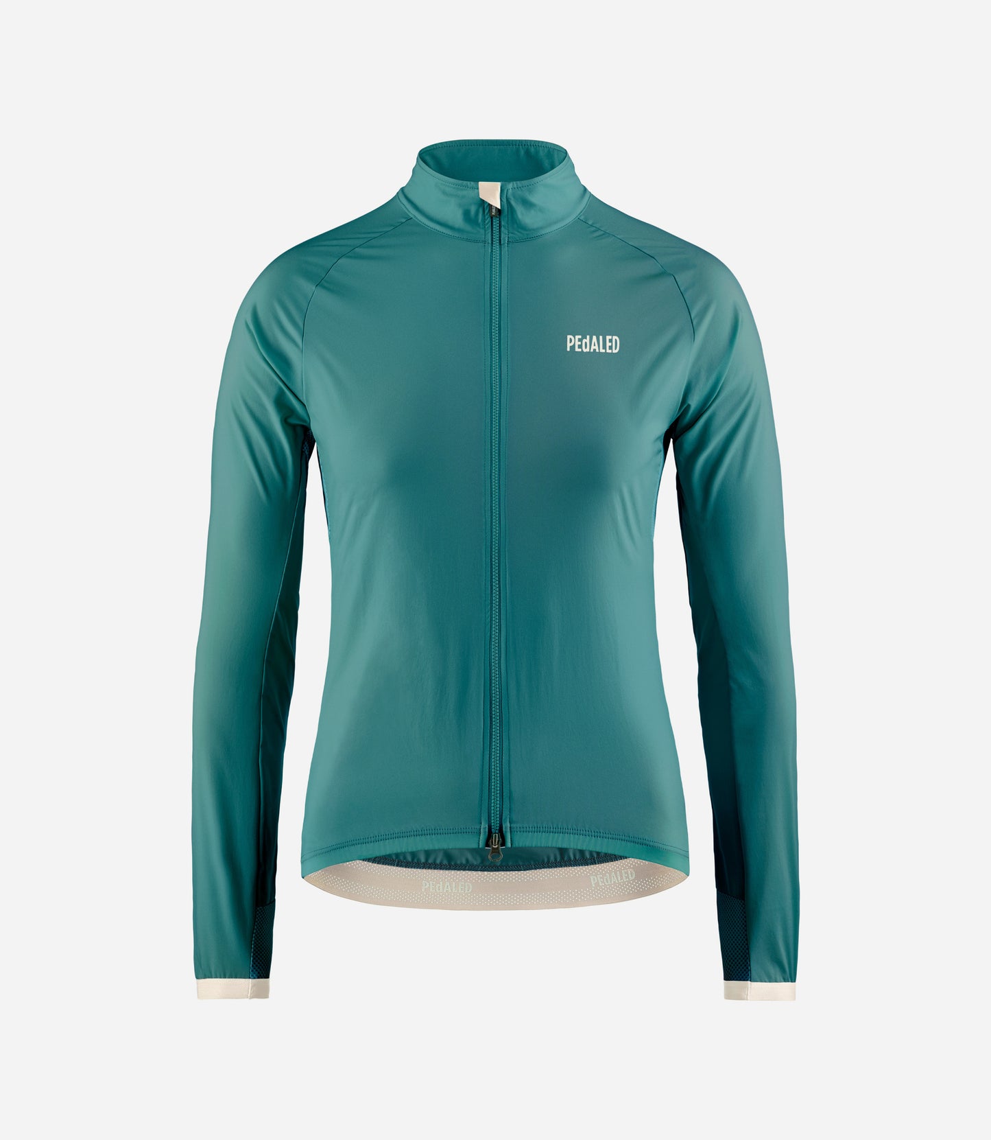 W4SJKEL18PE_1_women cycling jacket windproof teal element front pedaled